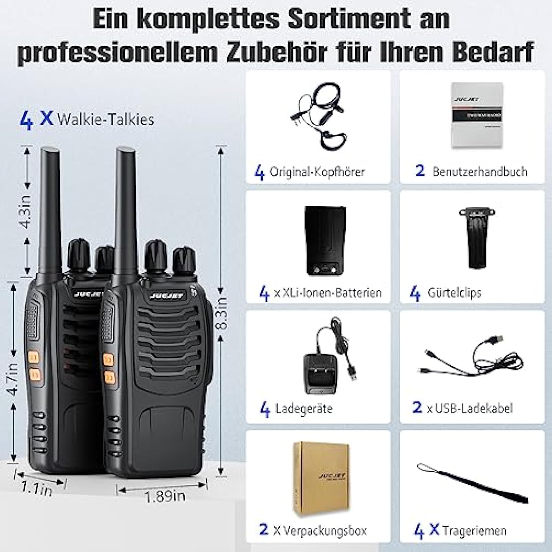 JUCJET 88E Long Range Walkie Talkies - Rechargeable 2-Way Radios (4 Pack)