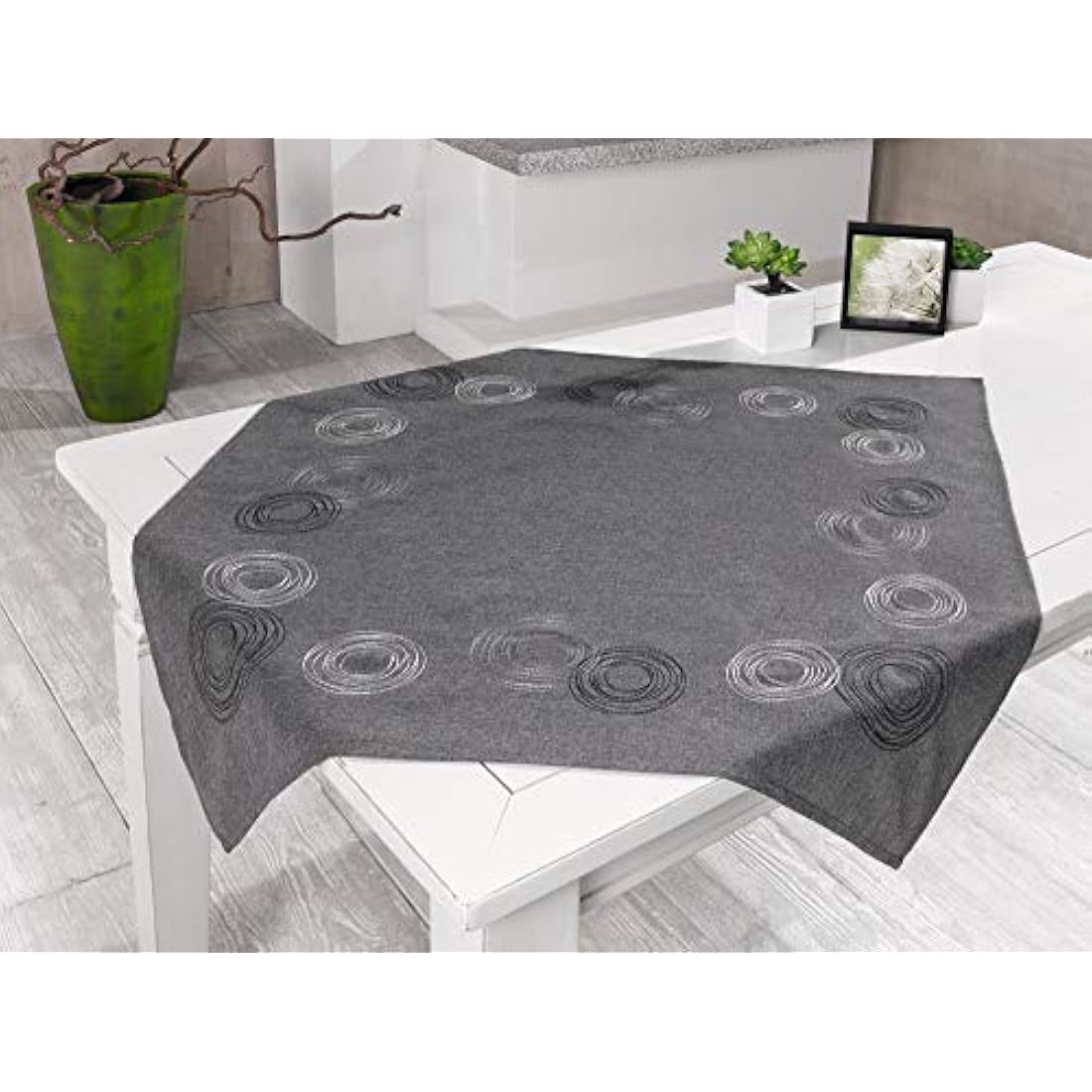 Jolof Store Grey Polyester Table Runner – Embroidered Circle Motifs