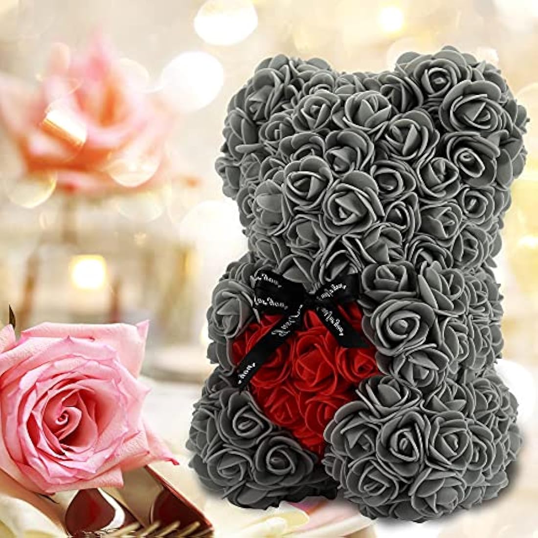 Jolof Store Rose Teddy Bear – Handmade Artificial Flower Gift (Gray)