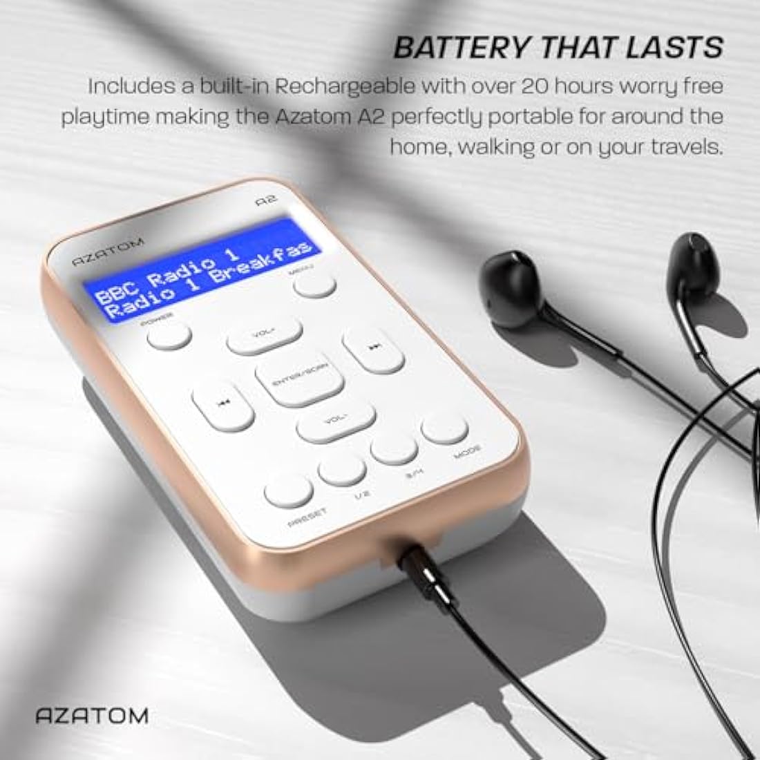 Azatom A2 Portable DAB/DAB+ & FM Digital Radio with Sports Earphones - White