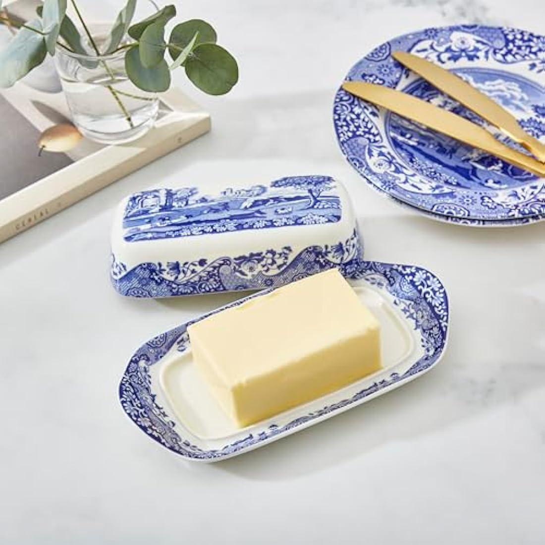 Spode Blue Italian Ceramic Covered Butter Dish - Fine China Tableware