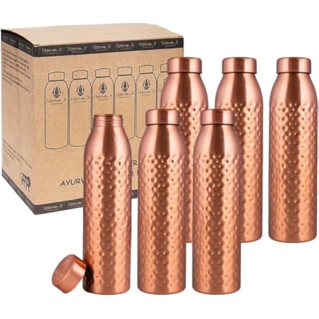 Hammered Copper Water Bottle 1L - Ayurvedic Vessel (6 Pack)