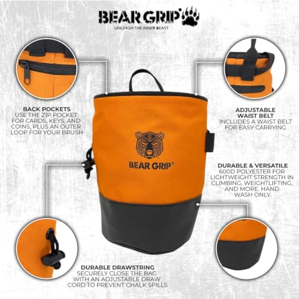 BEAR GRIP Rock Climbing Chalk Bag Bundle with Waist Belt and Brush
