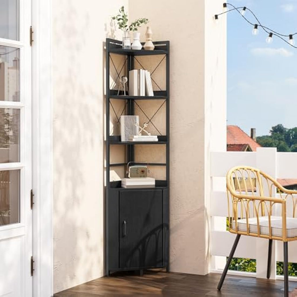YITAHOME Corner Bookshelf | 4-Tier Industrial Storage Rack with Cabinet