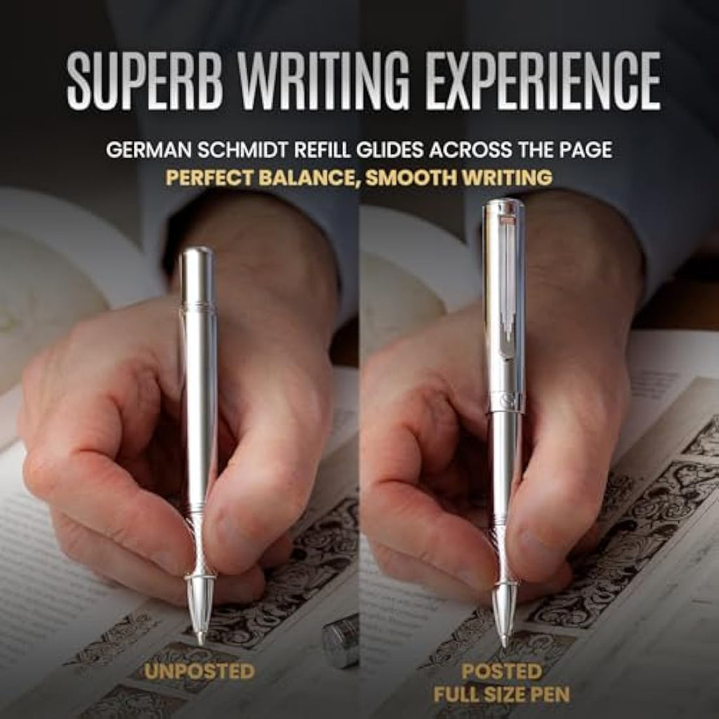 Scriveiner Silver Chrome Rollerball Pen – Luxury Heavy Pocket EDC Pen