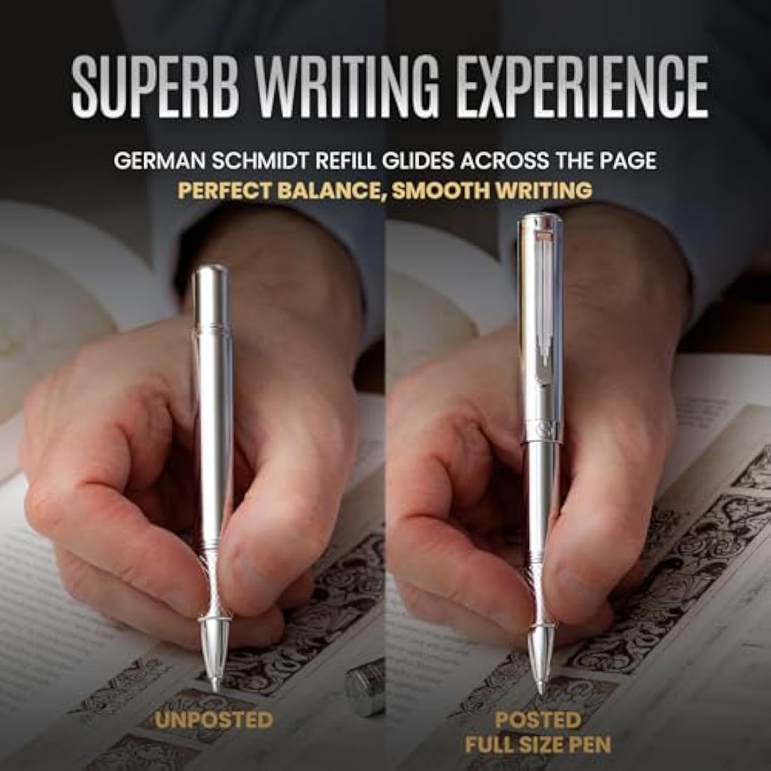 Scriveiner Silver Chrome Rollerball Pen – Luxury Heavy Pocket EDC Pen