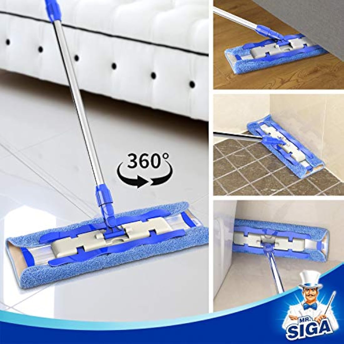 MR.SIGA Professional Microfiber Mop - Stainless Steel Handle with 3 Pads
