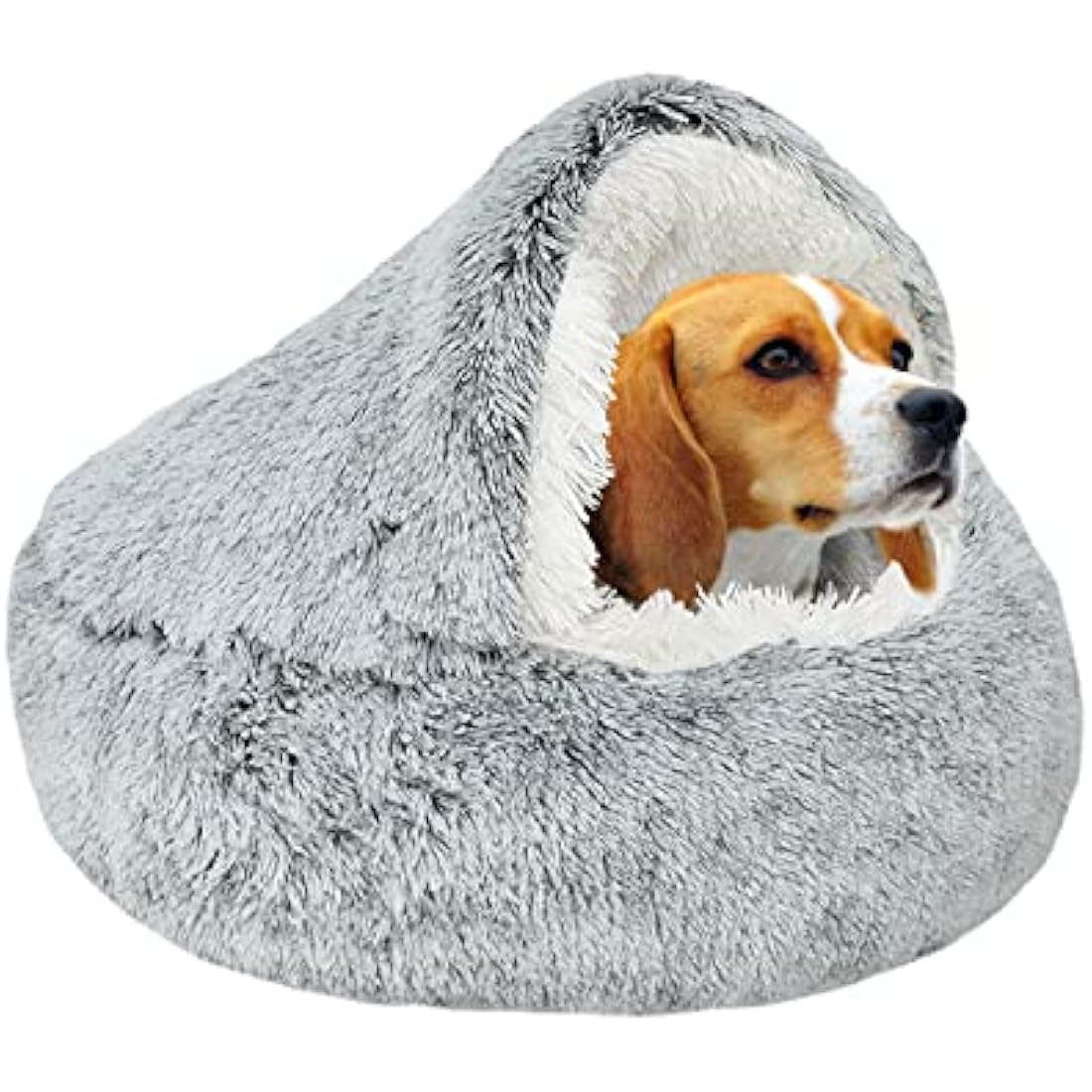 Calming Dog Bed – Fluffy Anti-Anxiety Plush Cave, Grey