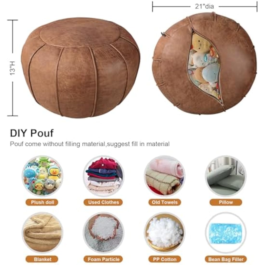Louis Donné Round Faux Leather Pouf Ottoman Cover - Cognac Brown