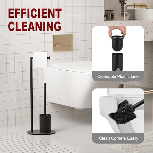 BVL Free Standing Toilet Roll Holder and Brush | Black Stainless Steel