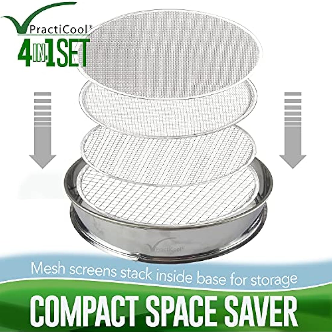 Practicool Stainless Steel Garden Sieve – 4 Mesh Sizes & Bonus Spade