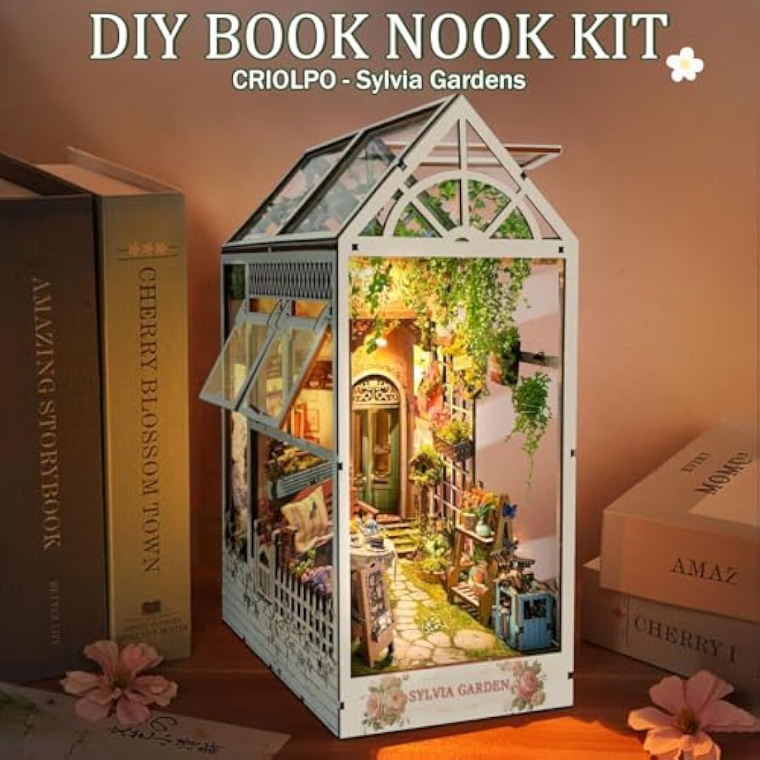 CRIOLPO Tea Time Garden Book Nook Kit - 3D Wooden Miniature with LED