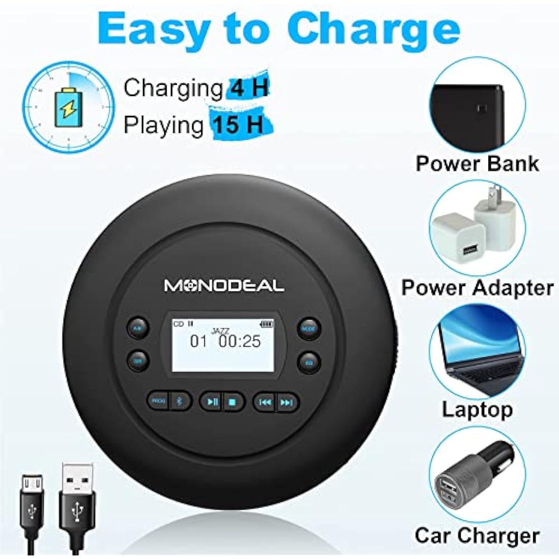 MONODEAL Portable Bluetooth CD Player – Rechargeable with Anti-Skip