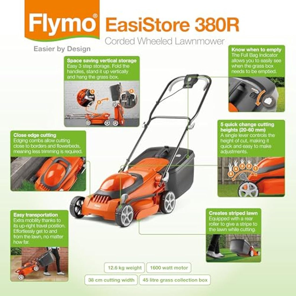 Flymo EasiStore 380R Electric Rotary Lawn Mower | 1600W, 38cm