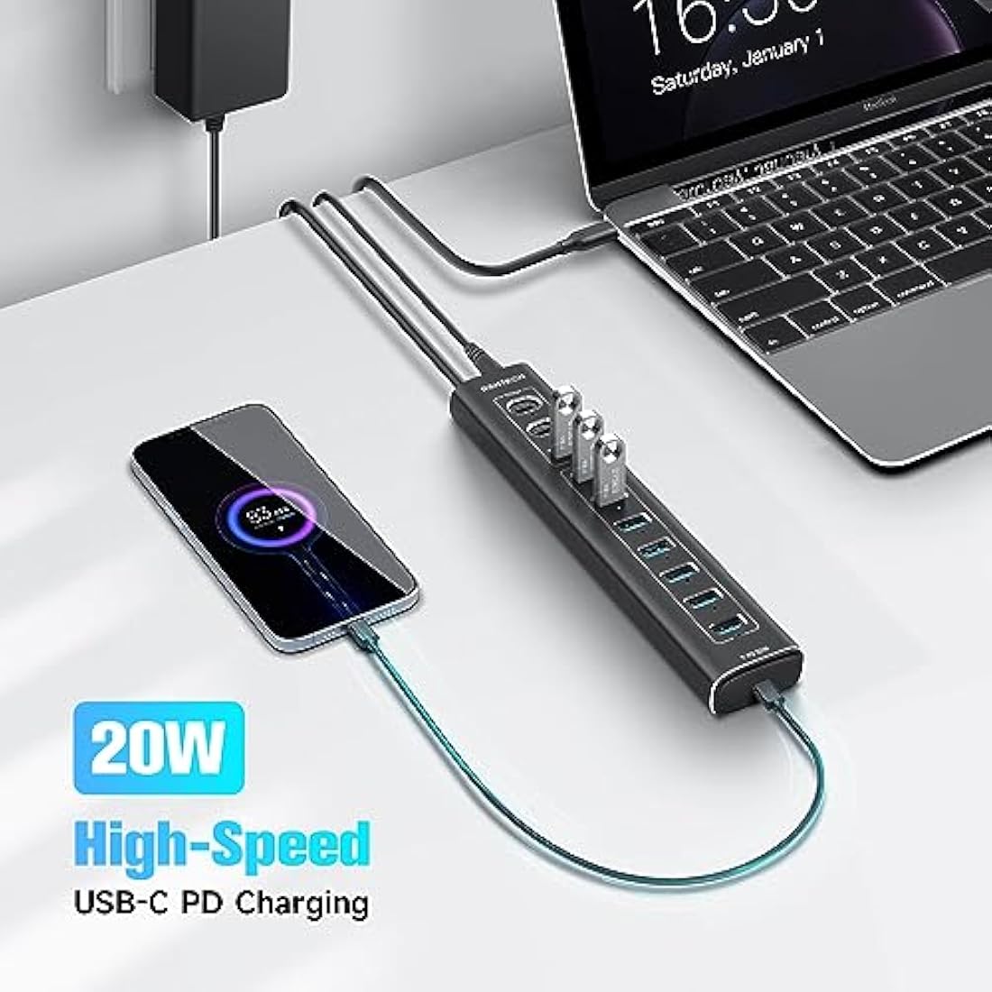 RSHTECH 11-Port Powered USB C Hub | 60W Aluminum 10Gbps Data Splitter