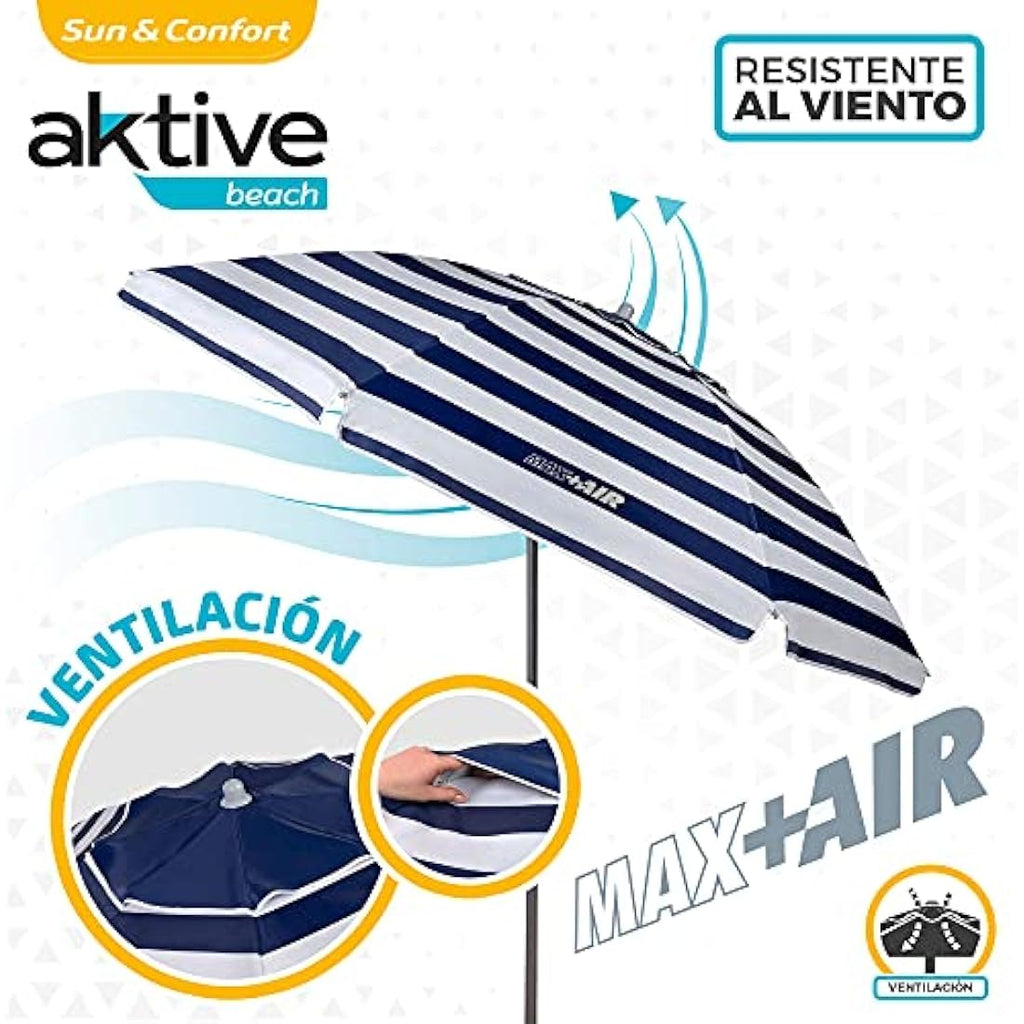 Aktive Beach Umbrella 220cm – Windproof UV50 Marine Stripe Shade