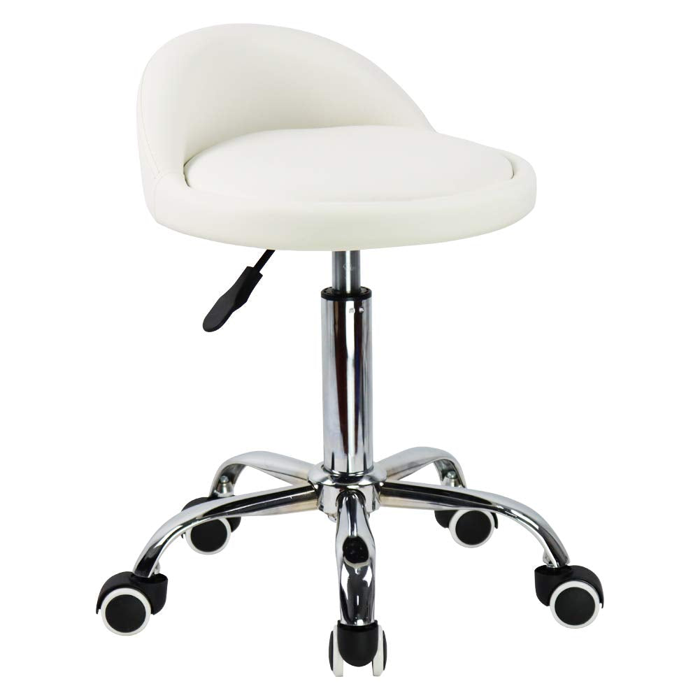 KKTONER PU Leather Rolling Stool with Backrest - White Swivel Chair