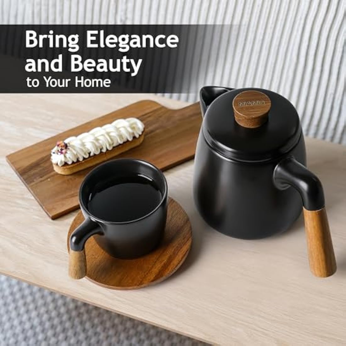 MIAMIO Ceramic Tea Pot Set with Infuser, 4 Mugs and Bamboo Saucers - Black