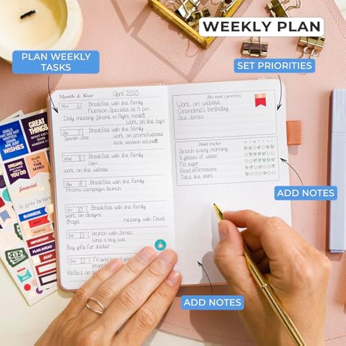GoGirl Pocket Weekly Planner – Undated Goal Organizer, Peach Pink