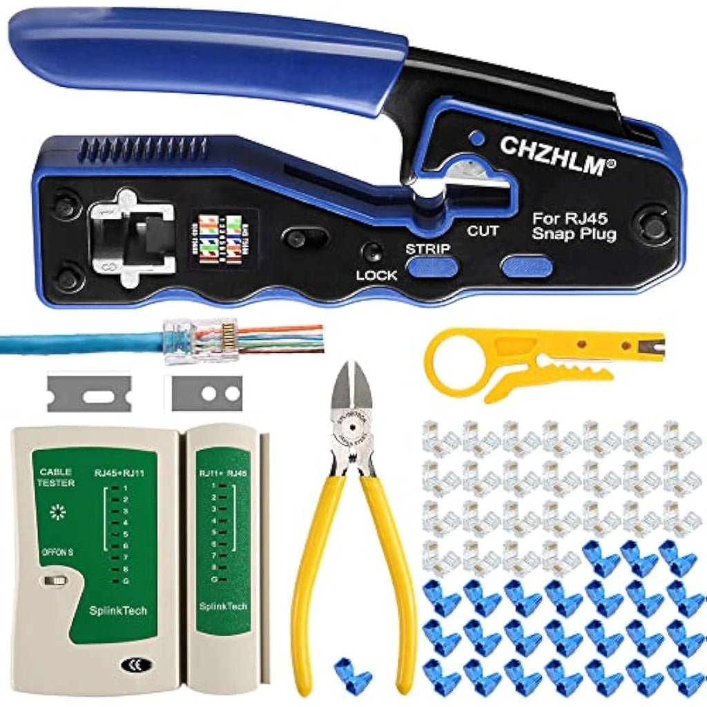 CHZHLM RJ45 Pass Through Crimp Tool Kit with Cat6 Connectors & Tester