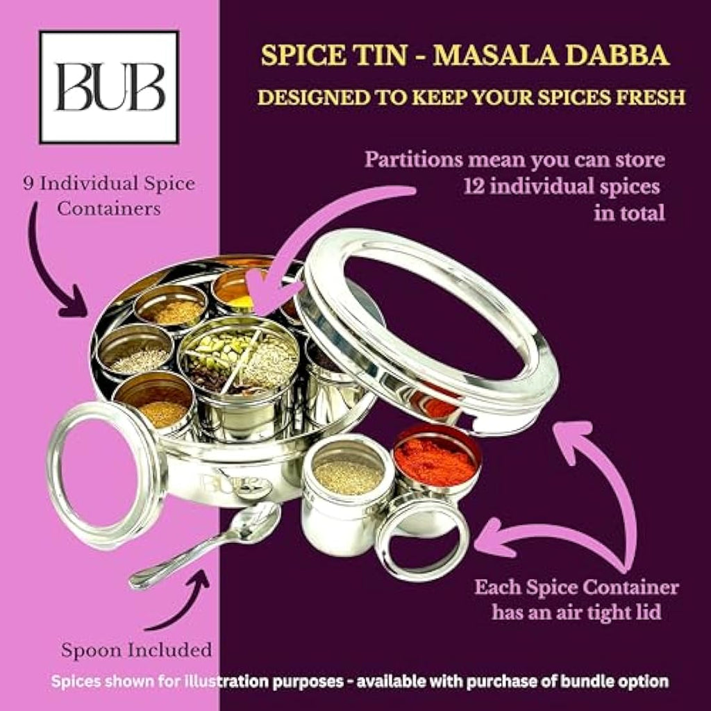 Bub Masala Dabba Spice Tin | 22cm Stainless Steel Box with 9 Jars