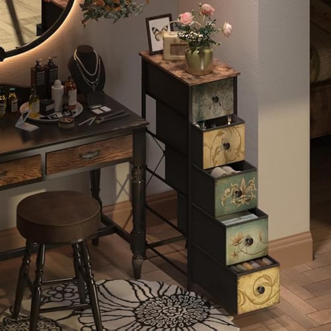 VEDECASA Slim 5-Drawer Storage Tower – Retro Fabric Chest of Drawers