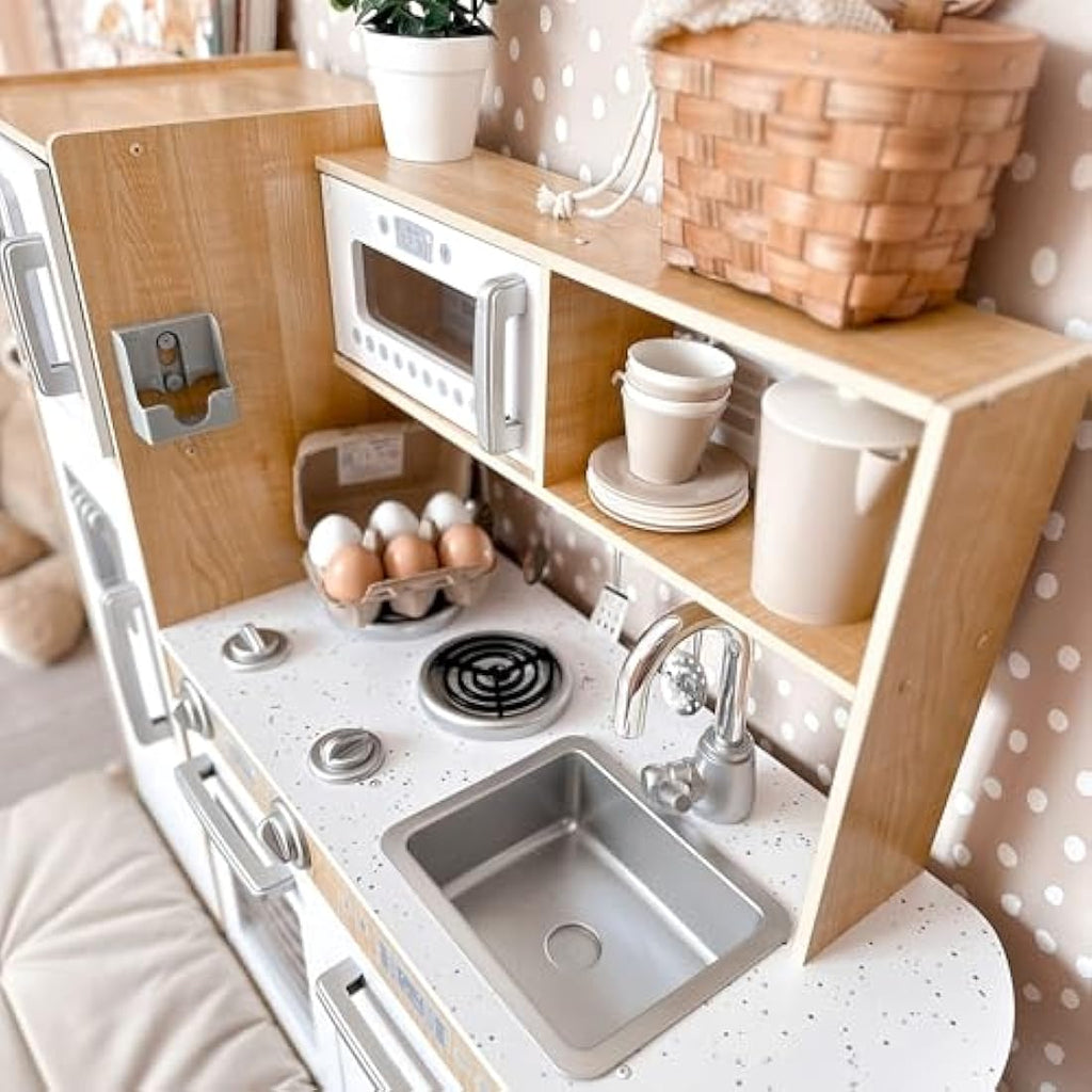 Wooden Play Kitchen for Kids with LED Lights – Natural Wood