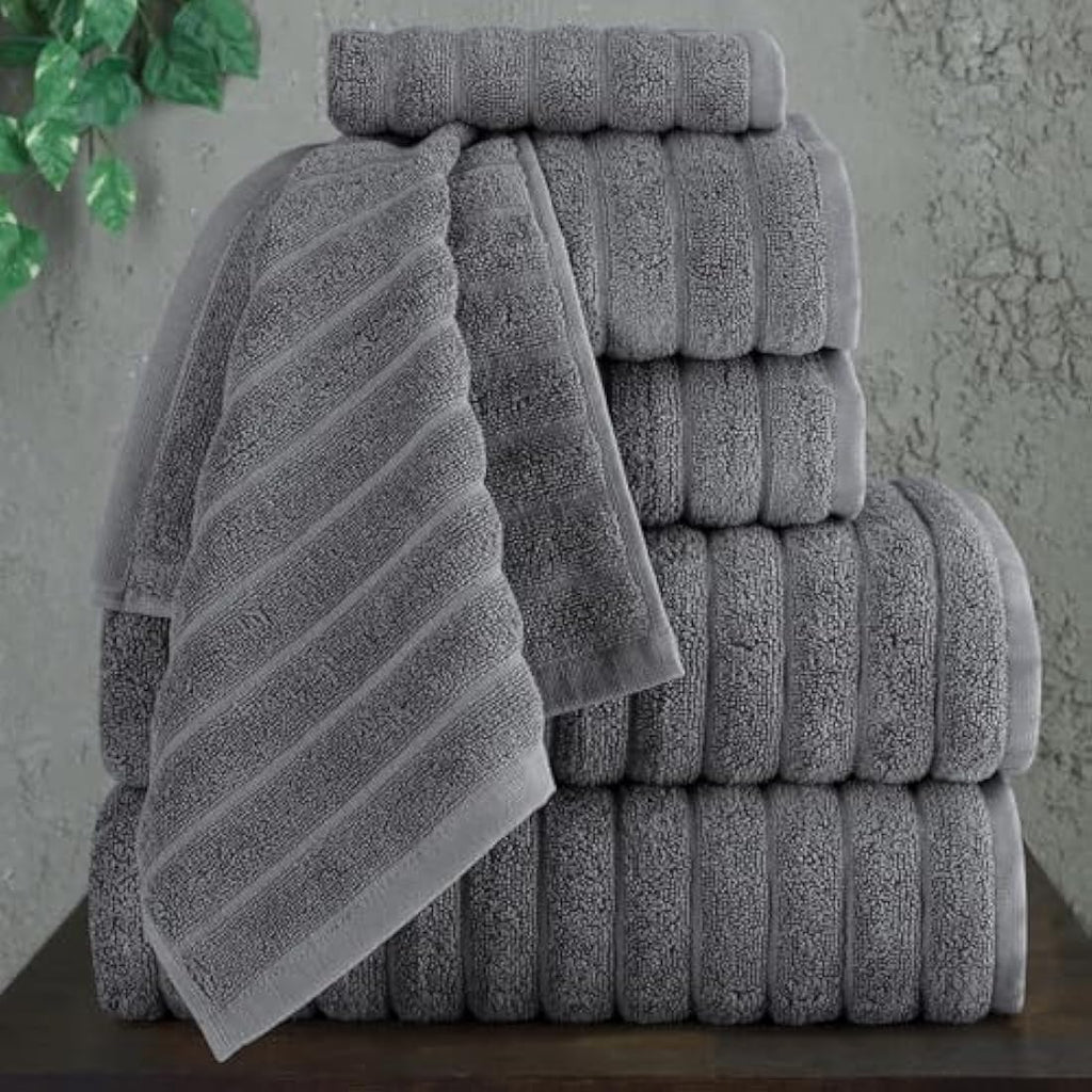 BERIBO 6-Piece Turkish Cotton Bath Towel Set - 620 GSM Plush Grey