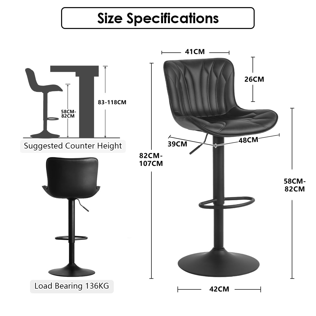 Kidol & Shellder Bar Stools Set of 2 Swivel Breakfast Barstools, Black - image 2