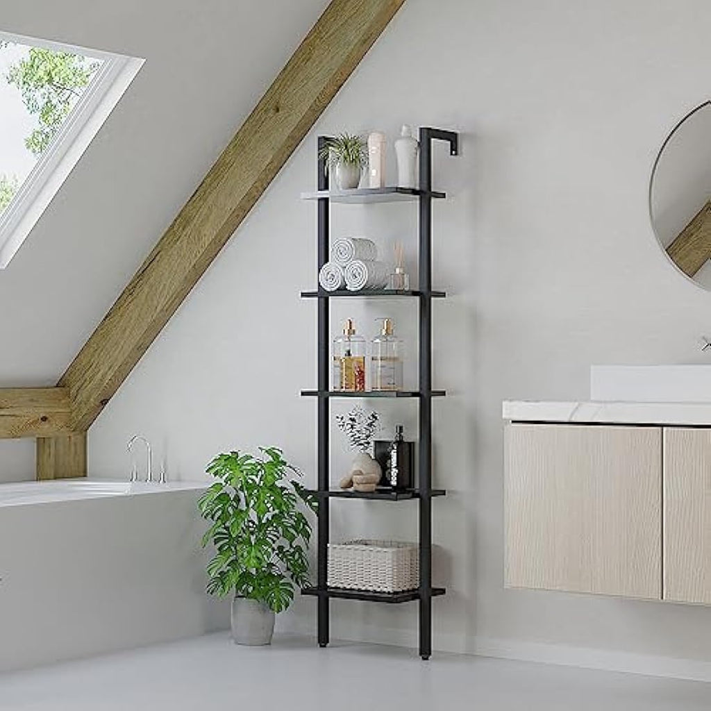 YMYNY 5-Tier Wall Mounted Ladder Shelf – Industrial Metal Bookcase Rack