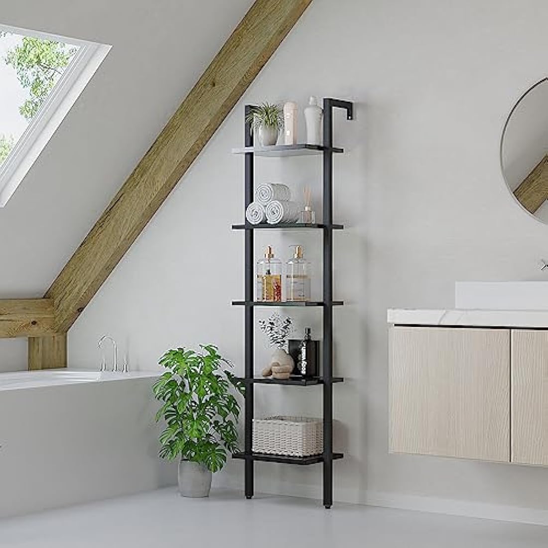 YMYNY 5-Tier Wall Mounted Ladder Shelf – Industrial Metal Bookcase Rack