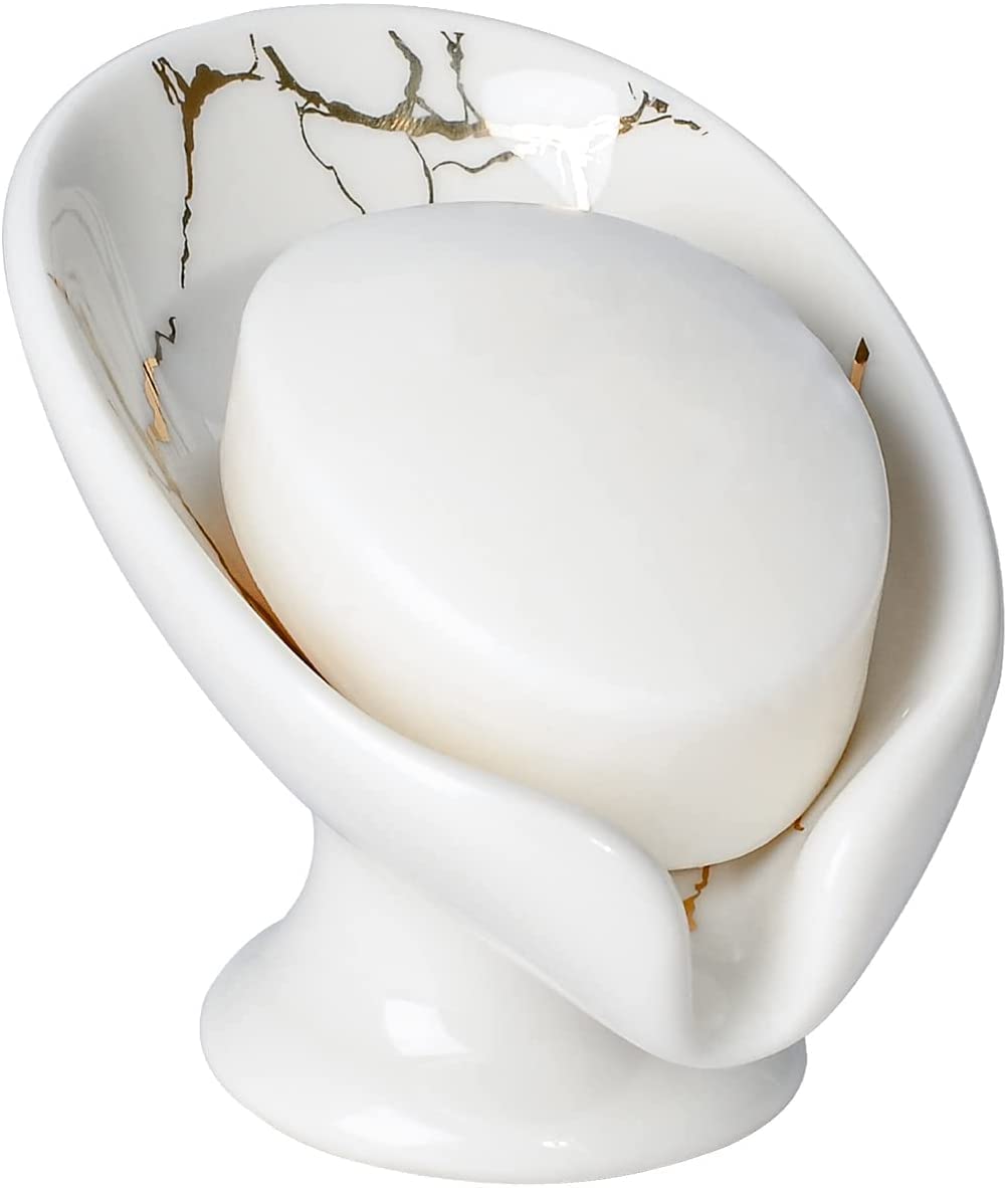 Umlaca Ceramic Soap Dish – Self Draining Leaf Shape Holder for Bathroom