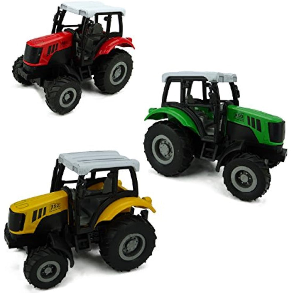 Toyland Die Cast Pull Back Tractor Set - 3 Pack Farm Toys (Yellow, Red, Green)