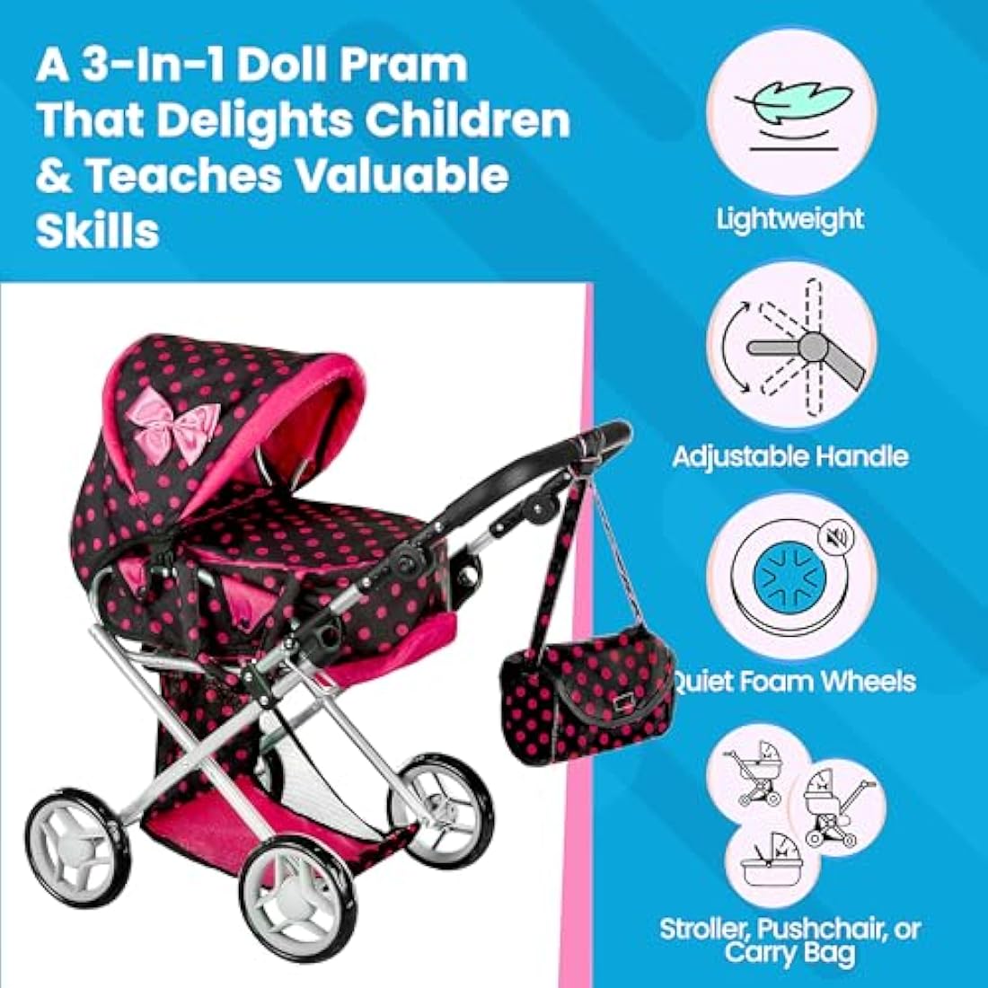 Kinderplay 3-in-1 Doll Pram – Adjustable Toy Stroller for Girls, KP0200G