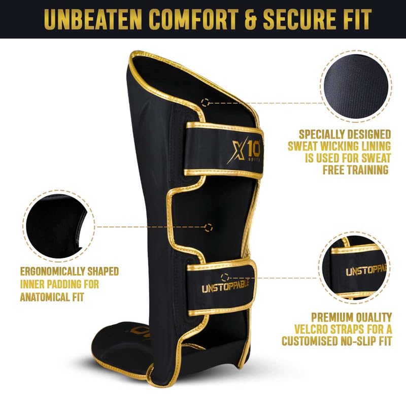 XTEN SPORTS Muay Thai Shin Guards | Gel Padded Leather Gear - Golden, XL