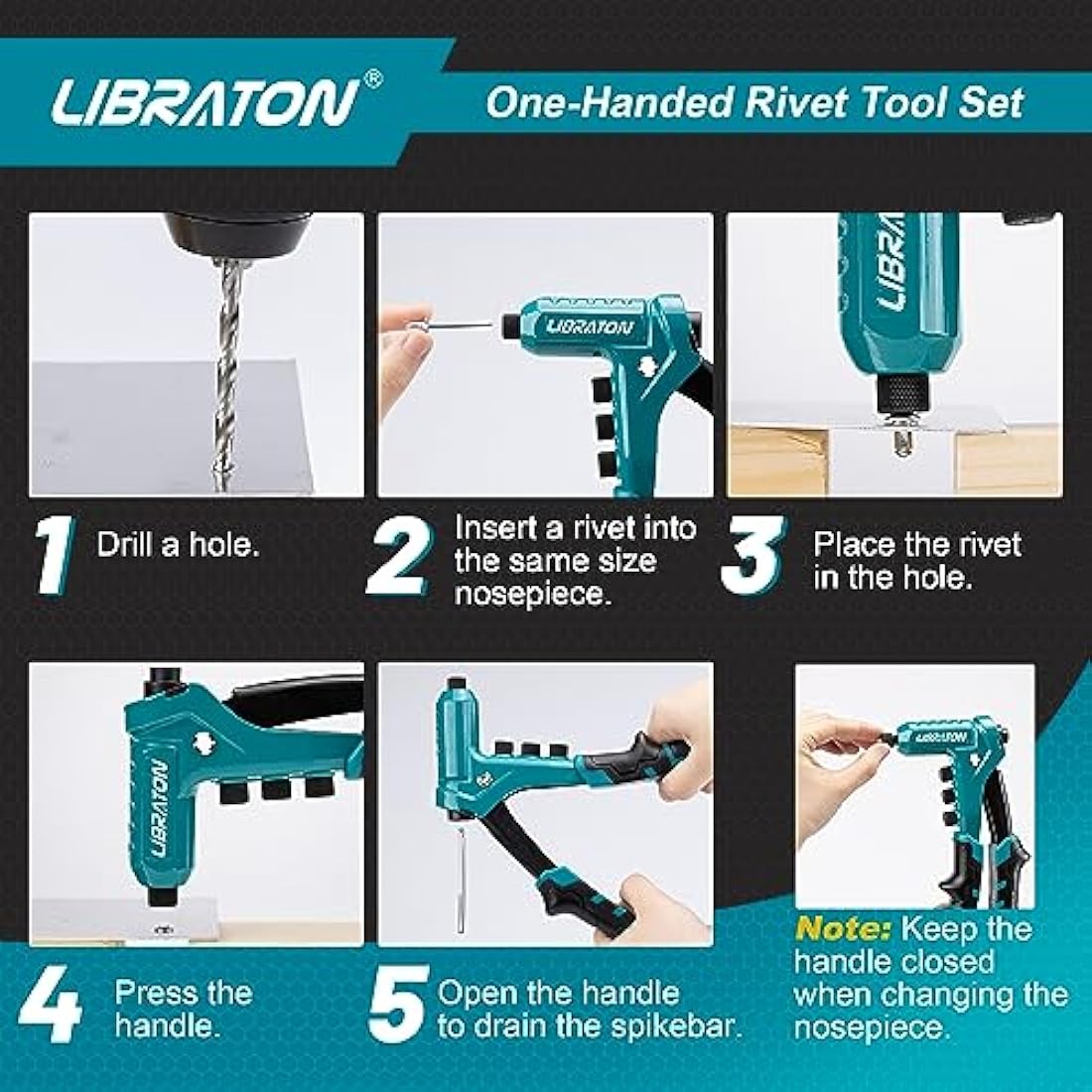 Libraton One-Handed Rivet Gun Set | Professional Hand Riveter with 200 Rivets