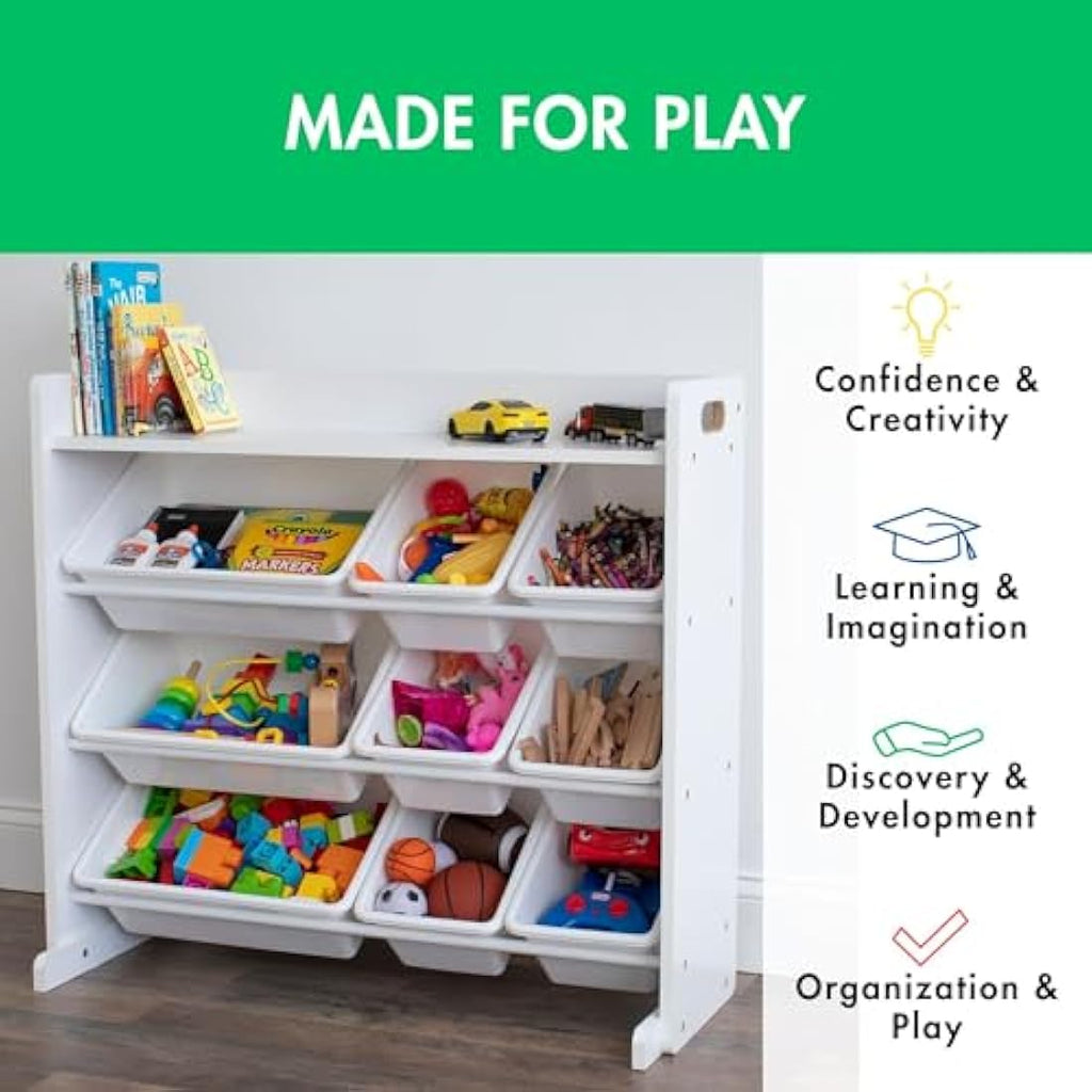 Humble Crew Wooden Toy Storage Organiser | 9 Bins & Shelf – White