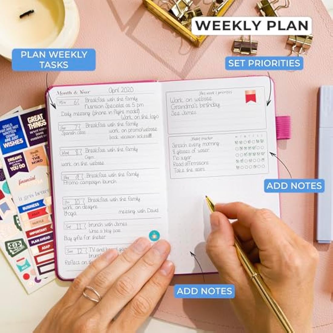 GoGirl Pocket Weekly Planner – Undated Goal Organizer, Hot Pink Leather