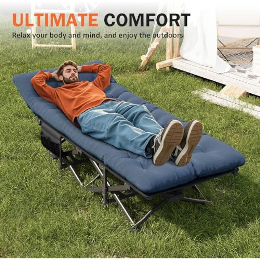 ATORPOK Heavy-Duty Camping Cot with Cushion – Portable 450lbs Blue