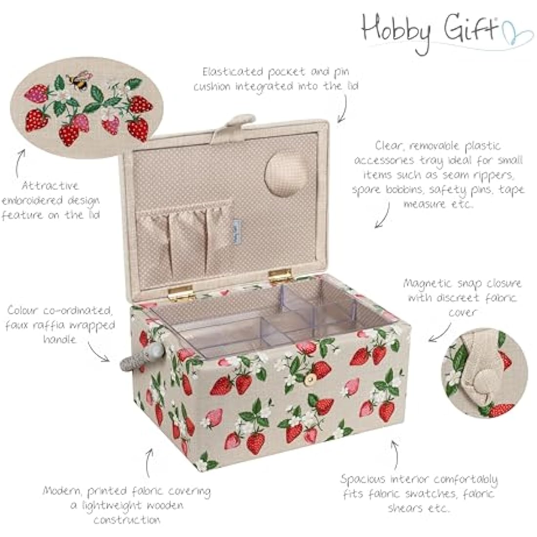 Hobby Gift Medium Sewing Box – Embroidered Strawberry Craft Storage Case