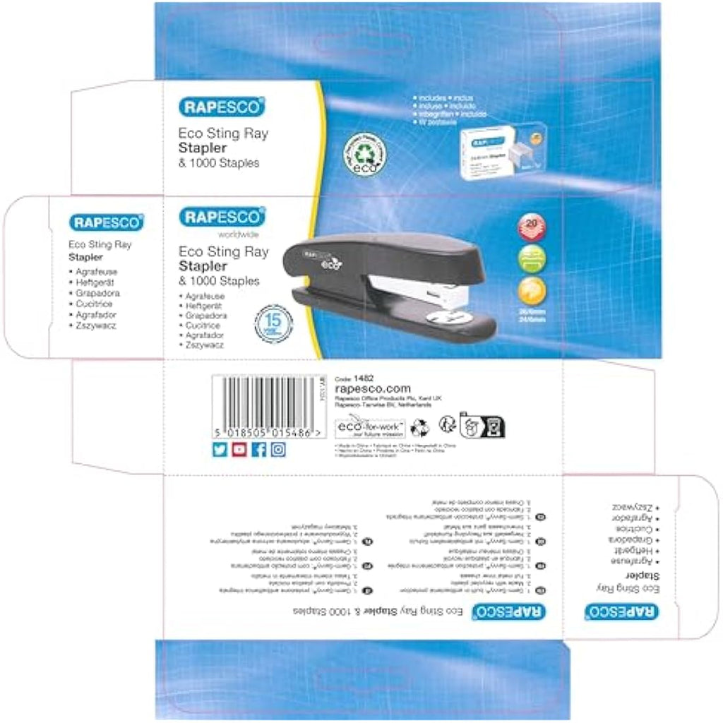Rapesco ECO Sting Ray Stapler | Antibacterial 20 Sheet Capacity – Black