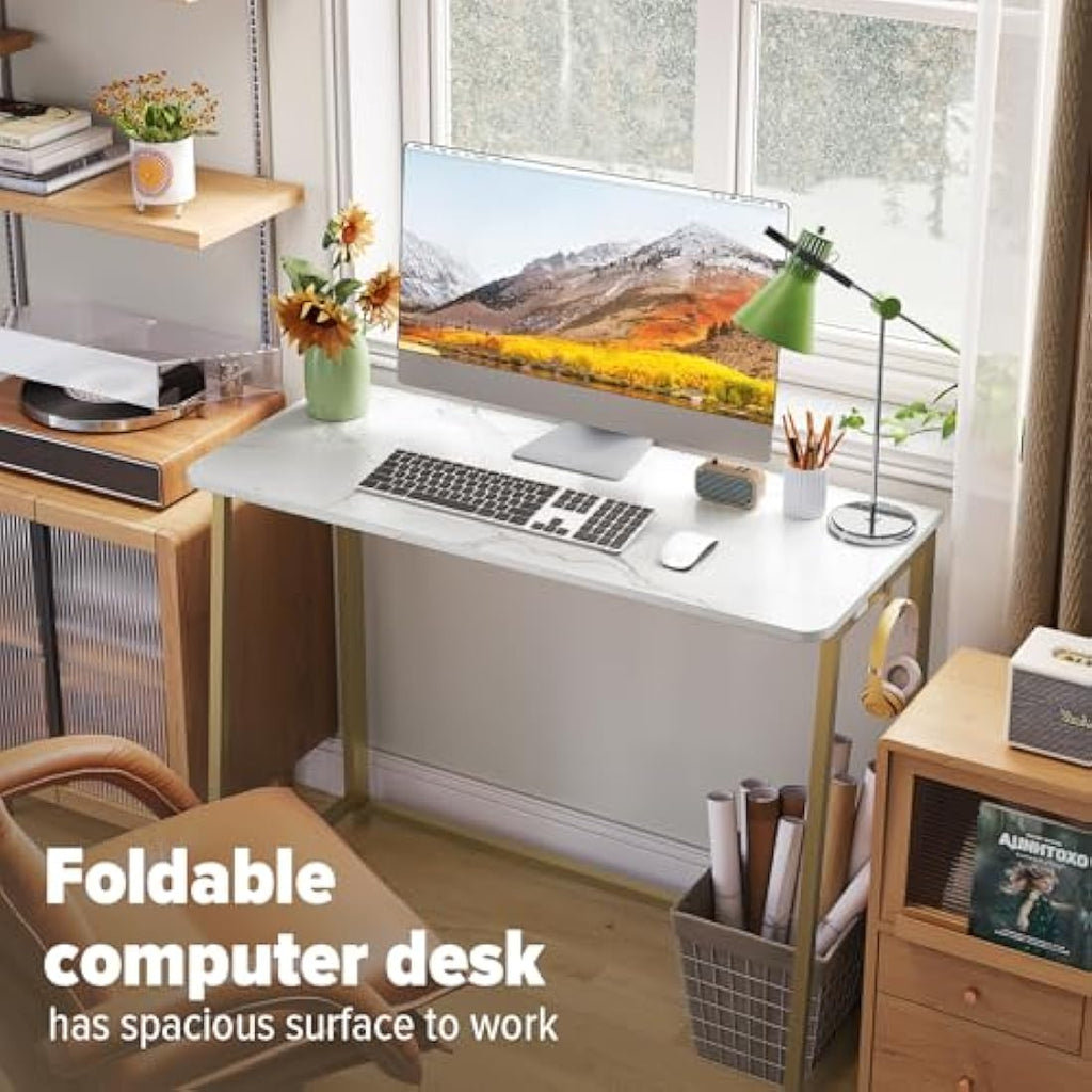 Folding Desk – Small Space-Saving Laptop Table, White and Gold