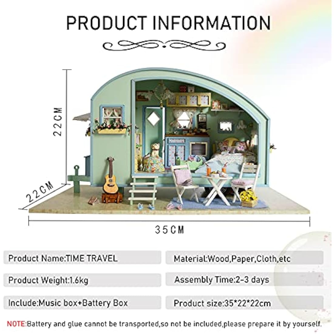 Cuteroom DIY Miniature Wooden Dollhouse Kit – Caravan Model with Music Box