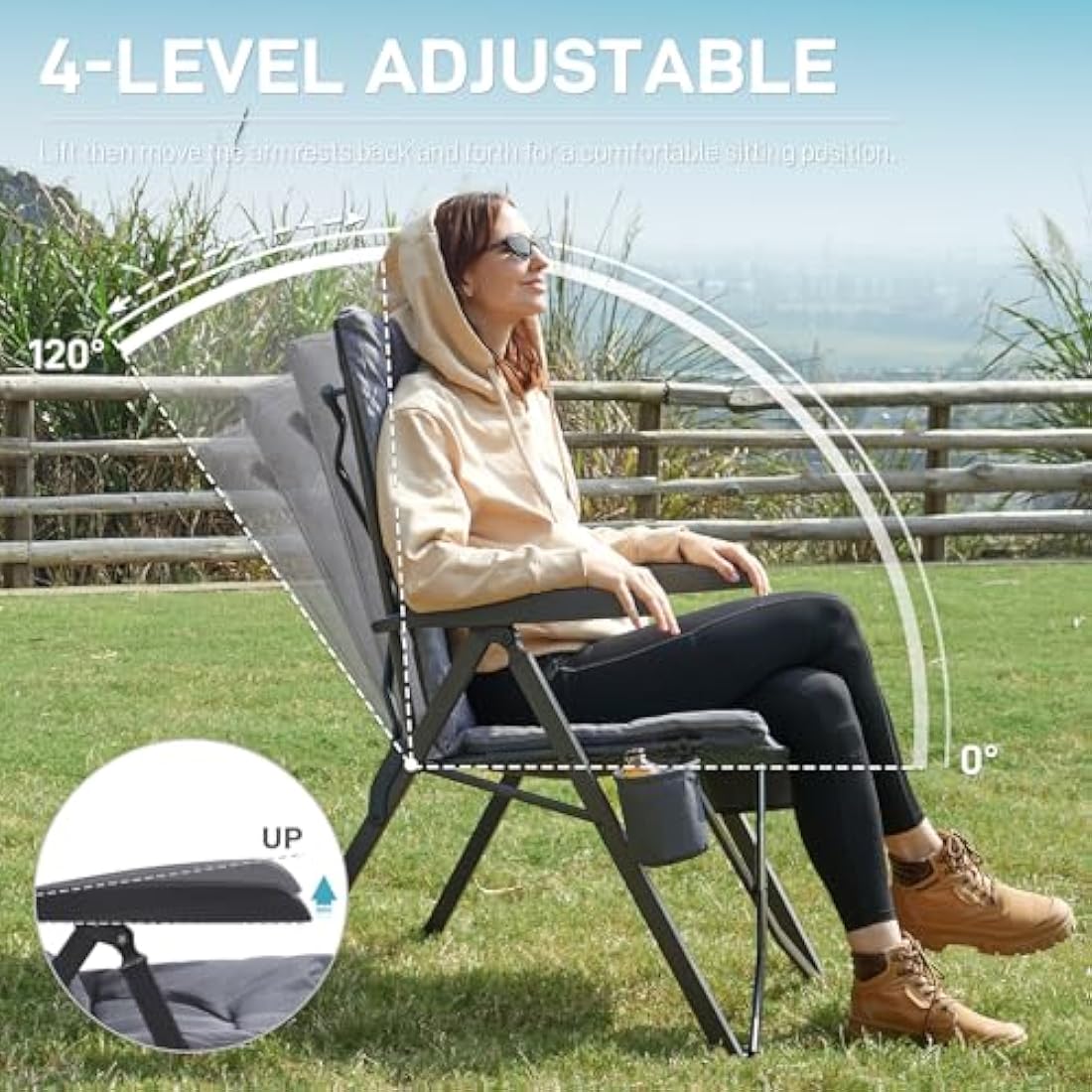 EVER ADVANCED Heavy Duty Reclining Camping Chair - Padded Folding Seat
