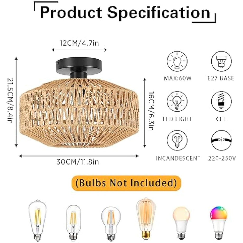 Schindora Boho Rattan Ceiling Light – Vintage Braided Basket Chandelier
