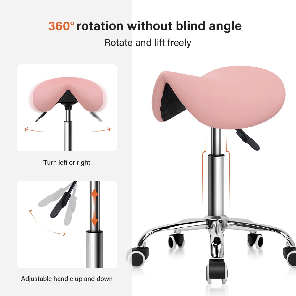 KKTONER Rolling Saddle Stool - Adjustable PU Leather Salon Chair, Pink