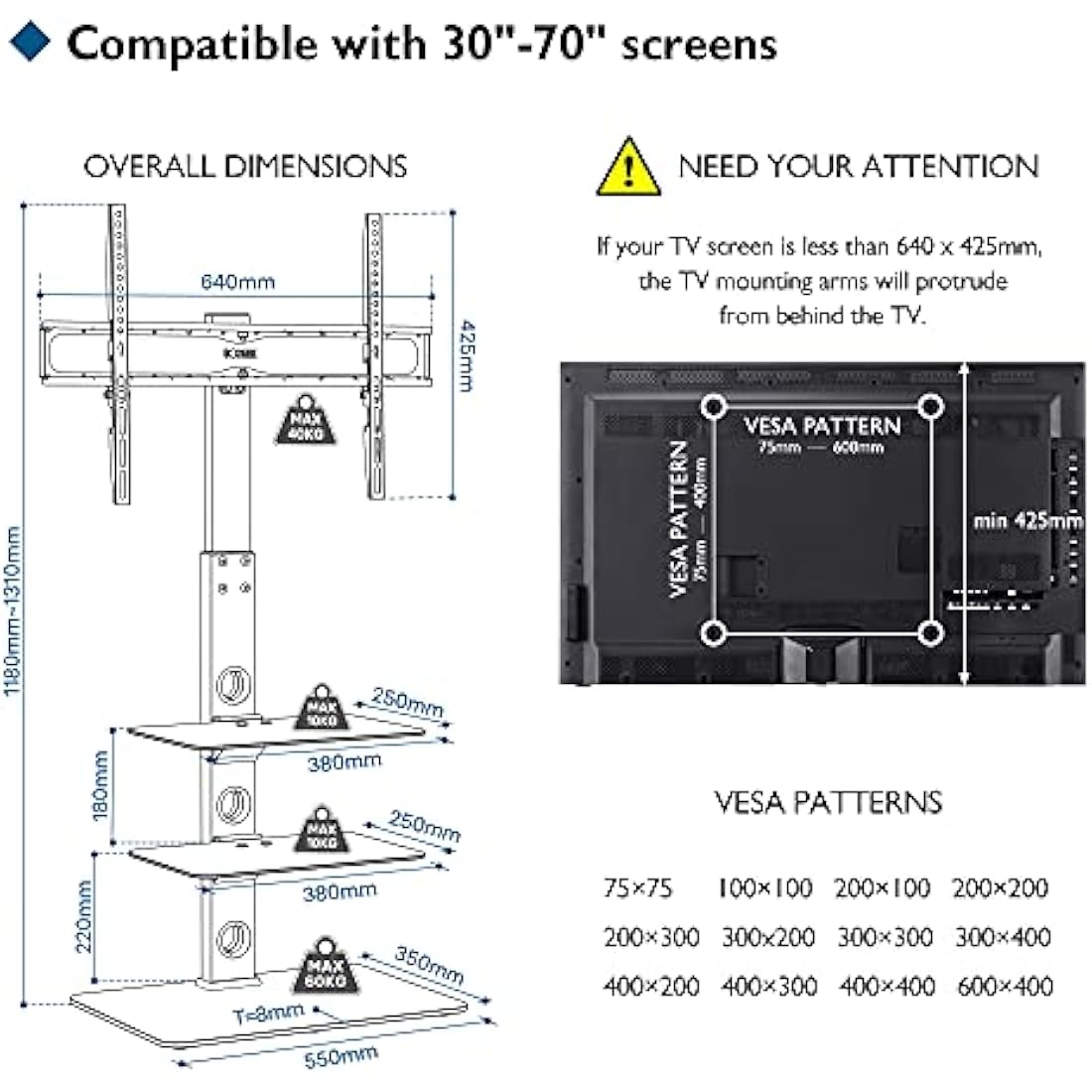 BONTEC Universal Floor TV Stand | 30-70 inch | 3-Tier Glass Shelves