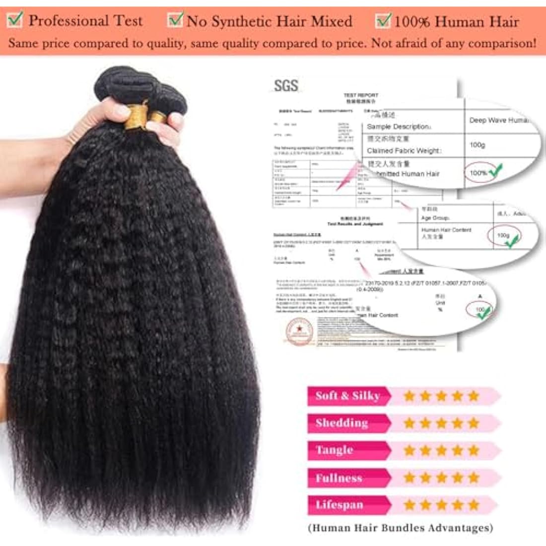 Vallbest Kinky Straight Bundles | 12A Brazilian Virgin Human Hair, 3 Pack