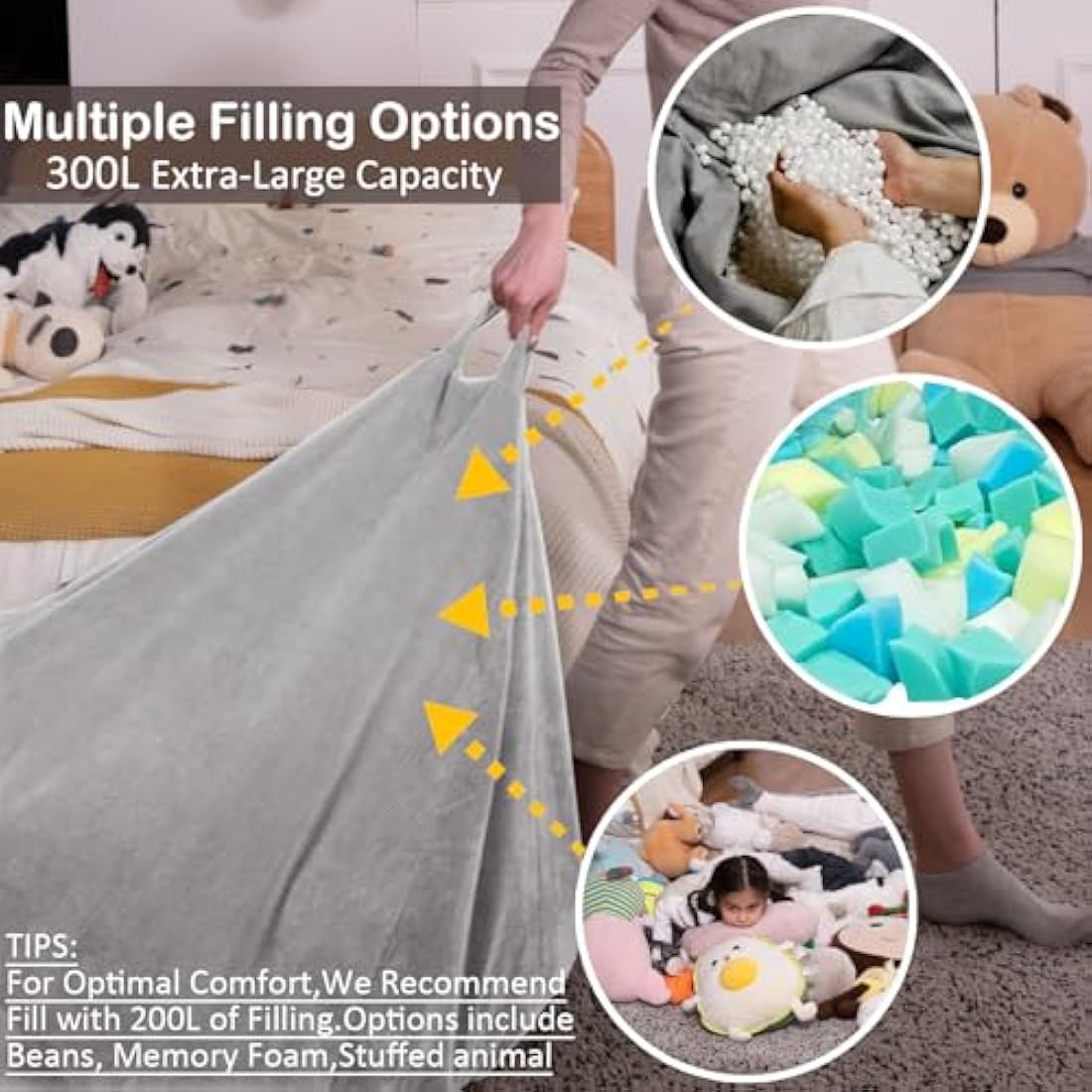 Nobildonna Corduroy Bean Bag Chair Cover | 300L Extra Large - Light Grey