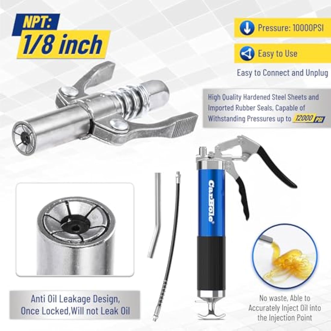 CarBole 8000PSI Grease Gun – High Pressure Pistol Grip with 18" Flex Hose